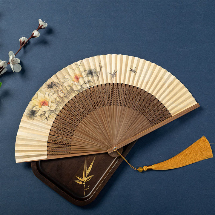 Buddha Stones Lotus Dragonfly Wild Geese Plum Blossom Handheld Silk Bamboo Folding Fan 22.5cm - Lotus Dragonfly 22.5cm - Special Tassel - image 6