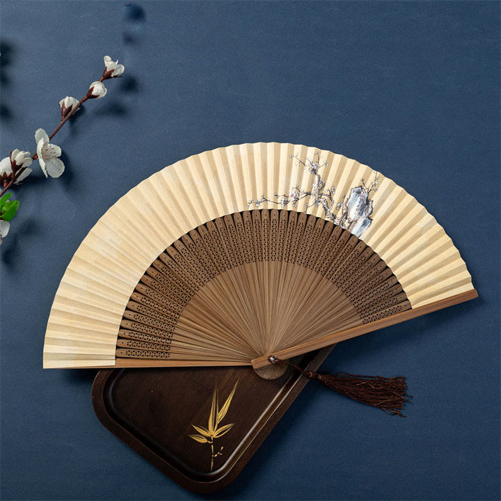 Buddha Stones Lotus Dragonfly Wild Geese Plum Blossom Handheld Silk Bamboo Folding Fan 22.5cm - Plum Blossom 22.5cm - Ordinary Tassel - image 9