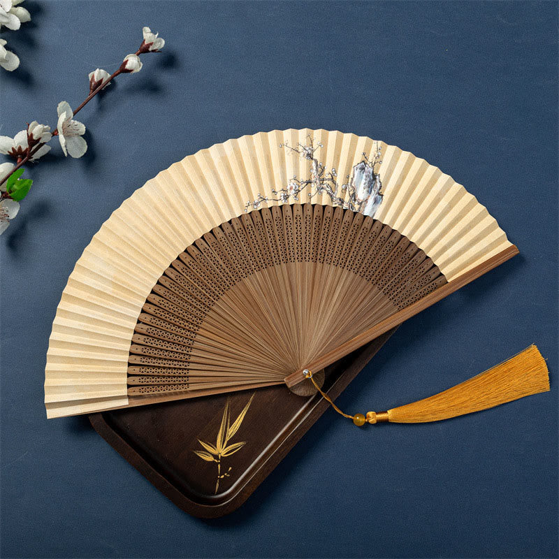 Buddha Stones Lotus Dragonfly Wild Geese Plum Blossom Handheld Silk Bamboo Folding Fan 22.5cm - Plum Blossom 22.5cm - Special Tassel - image 10