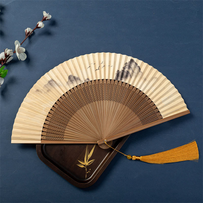 Buddha Stones Lotus Dragonfly Wild Geese Plum Blossom Handheld Silk Bamboo Folding Fan 22.5cm - Wild Geese 22.5cm - Special Tassel - image 8
