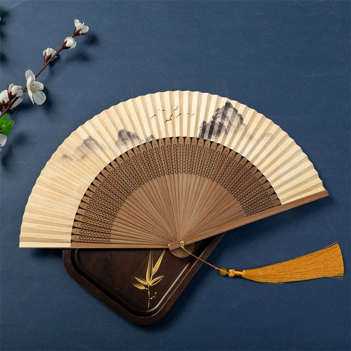 Buddha Stones Lotus Dragonfly Wild Geese Plum Blossom Handheld Silk Bamboo Folding Fan 22.5cm - Wild Geese 22.5cm - Special Tassel - image 8