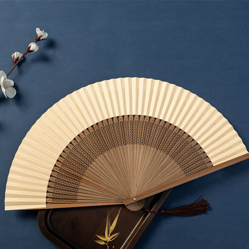 Buddha Stones Lotus Dragonfly Wild Geese Plum Blossom Handheld Silk Bamboo Folding Fan 22.5cm - image 2