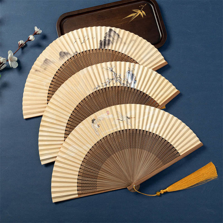 Buddha Stones Lotus Dragonfly Wild Geese Plum Blossom Handheld Silk Bamboo Folding Fan 22.5cm - image 0