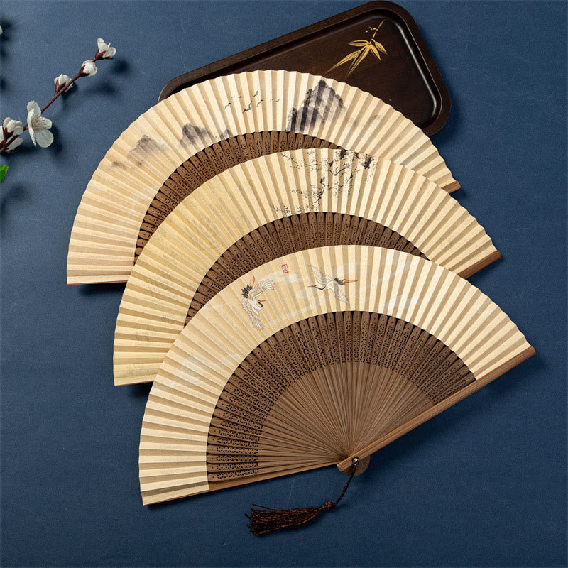 Buddha Stones Lotus Dragonfly Wild Geese Plum Blossom Handheld Silk Bamboo Folding Fan 22.5cm - image 11
