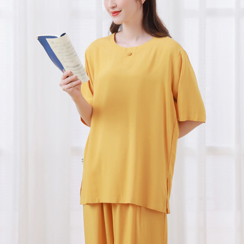 Buddha Stones 2Pcs Half Sleeve T-Shirt Pants Meditation Zen Tai Chi Cotton Linen Clothing Unisex Set - image 4