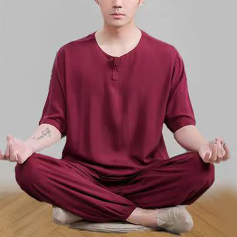 Buddha Stones 2Pcs Half Sleeve T-Shirt Pants Meditation Zen Tai Chi Cotton Linen Clothing Unisex Set - Dark Red(Top&Pants) - US14,UK/AU18,EU46 (4XL) - image 21