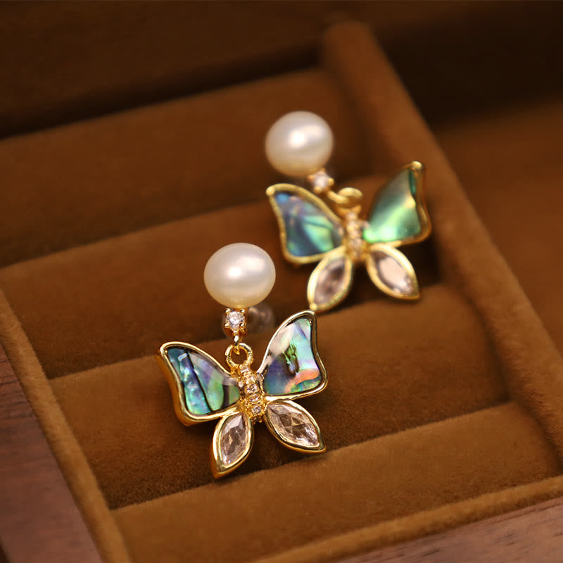 Buddha Stones 18K Gold Plated Copper Natural Shell Pearl Butterfly Sincerity Stud Earrings - image 2
