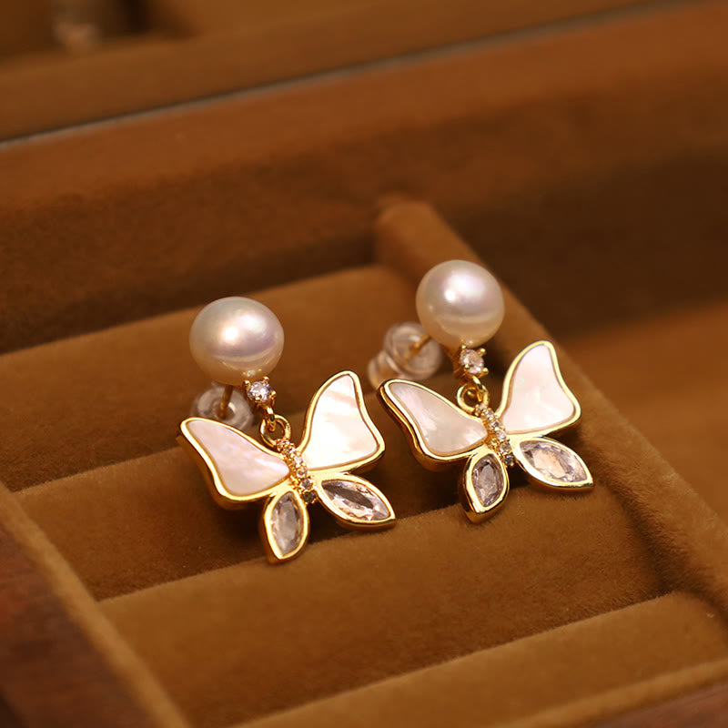 Buddha Stones 18K Gold Plated Copper Natural Shell Pearl Butterfly Sincerity Stud Earrings - Sea Shell - White Pearl(925 Sterling Silver Posts) - image 5