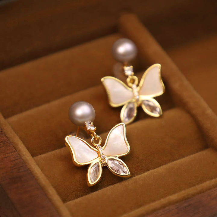 Buddha Stones 18K Gold Plated Copper Natural Shell Pearl Butterfly Sincerity Stud Earrings - Sea Shell - Gray Pearl(925 Sterling Silver Posts) - image 7