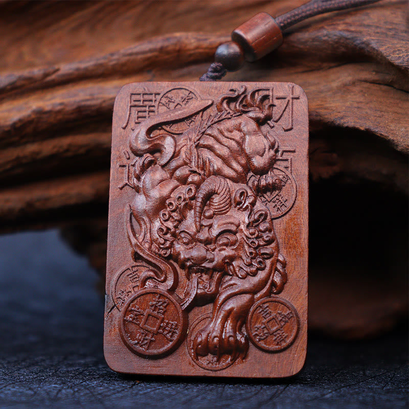 Buddha Stones Natural Lightning Struck Jujube Wood PiXiu Copper Coin Good Fortune Necklace Pendant - Lightning Struck Jujube Wood(Luck♥Ward Off Evil Spirits) - image 0
