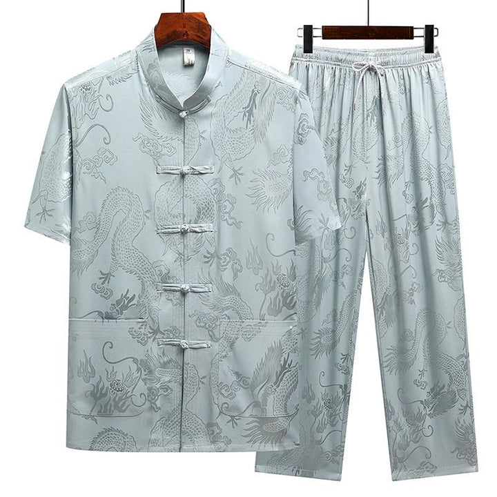 Buddha Stones Dragon Pattern Tang Suit Hanfu Traditional Uniform Short Sleeve Top Pants Clothing Men's Set - Gray Blue(Top&Pants) - US/UK/AU44,EU54 (4XL) - image 0