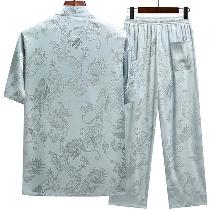 Buddha Stones Dragon Pattern Tang Suit Hanfu Traditional Uniform Short Sleeve Top Pants Clothing Men's Set - image 1