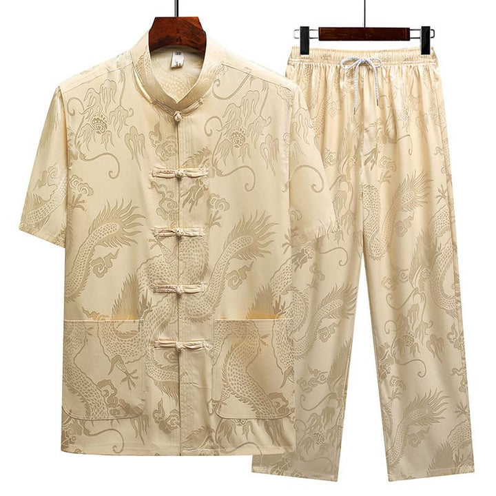 Buddha Stones Dragon Pattern Tang Suit Hanfu Traditional Uniform Short Sleeve Top Pants Clothing Men's Set - Beige(Top&Pants) - US/UK/AU44,EU54 (4XL) - image 13