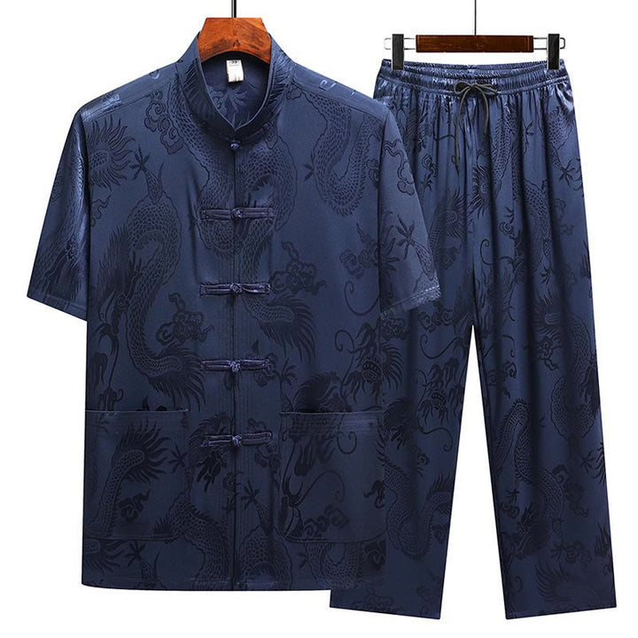 Buddha Stones Dragon Pattern Tang Suit Hanfu Traditional Uniform Short Sleeve Top Pants Clothing Men's Set - Navy Blue(Top&Pants) - US/UK/AU44,EU54 (4XL) - image 22