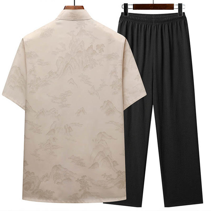 Buddha Stones Mountains Trees Tang Suit Hanfu Traditional Uniform Short Sleeve Top Pants Clothing Men's Set - image 1