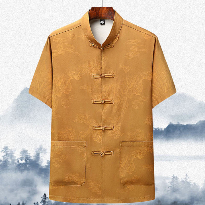 Buddha Stones Mountains Trees Tang Suit Hanfu Traditional Uniform Short Sleeve Top Pants Clothing Men's Set - Yellow - Top - US/UK/AU42,EU52 (3XL)  - image 13
