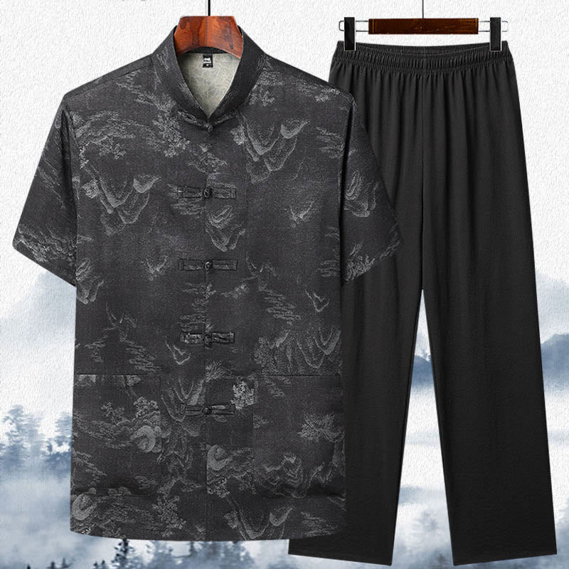 Buddha Stones Mountains Trees Tang Suit Hanfu Traditional Uniform Short Sleeve Top Pants Clothing Men's Set - Black - Top&Pants - US/UK/AU42,EU52 (3XL)  - image 10