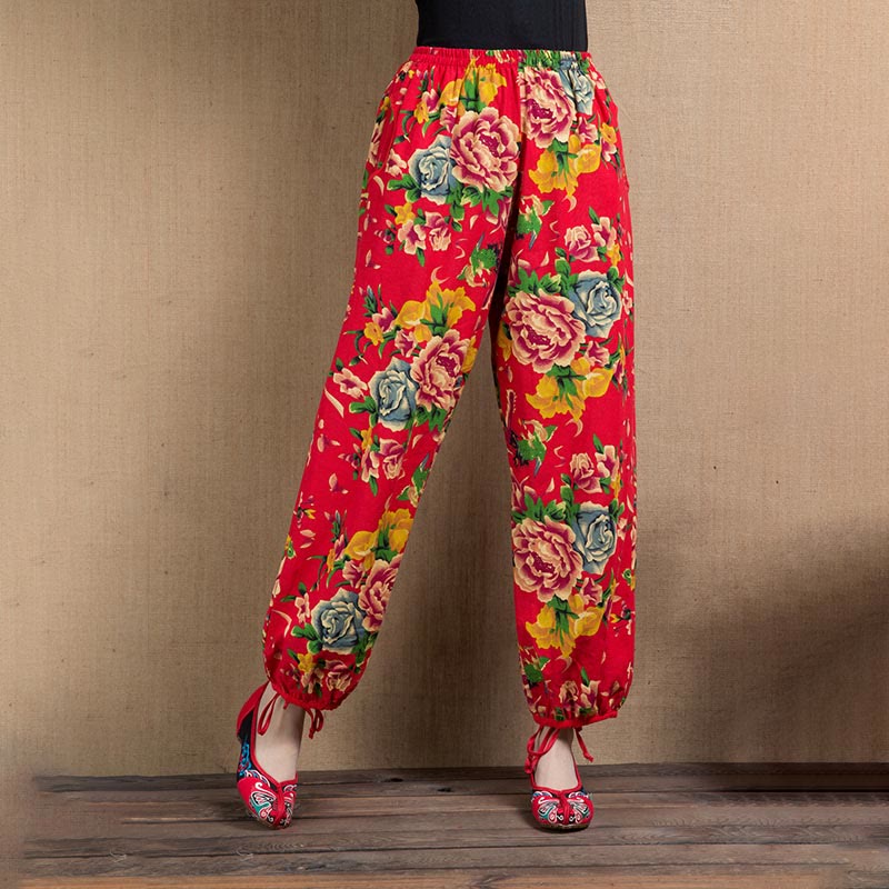 Buddha Stones Ethnic Style Red Green Flowers Print Harem Pants With Pockets - Red Blue Flowers-US4-6,UK/AU8-10,EU36-38 (F) - image 0