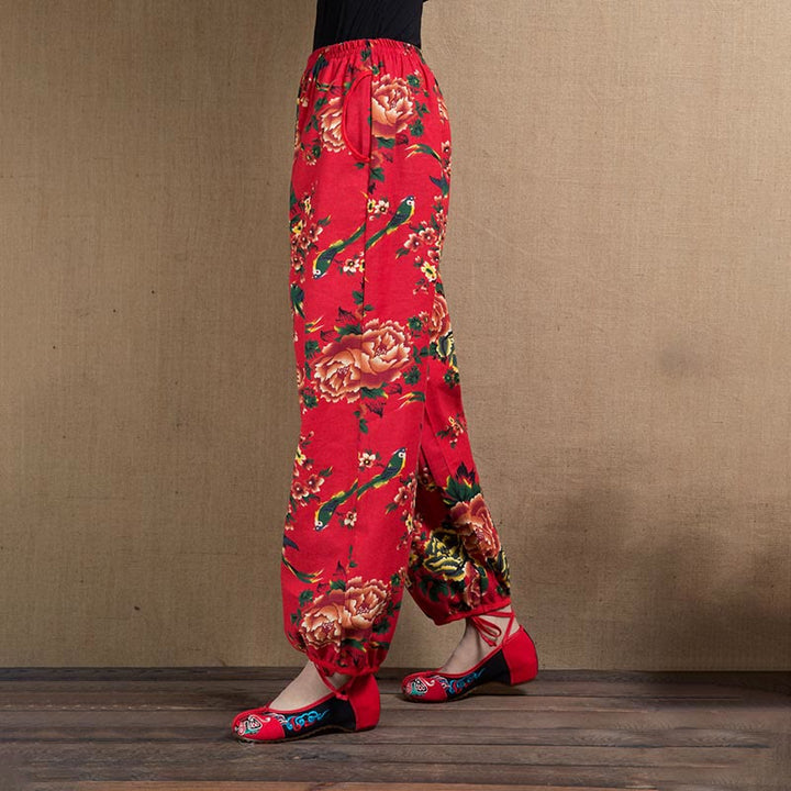 Buddha Stones Ethnic Style Red Green Flowers Print Harem Pants With Pockets - image 18
