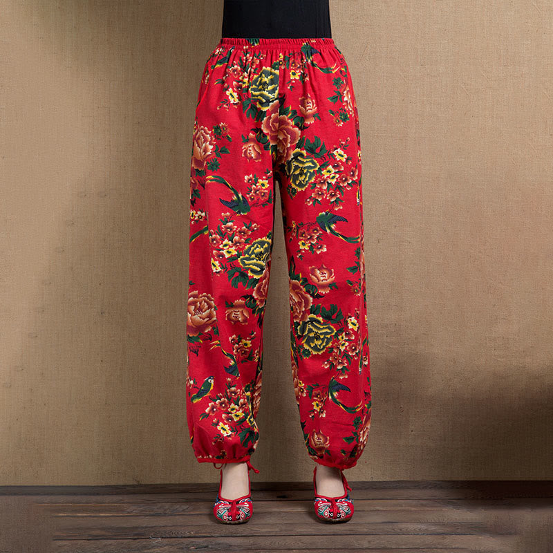 Buddha Stones Ethnic Style Red Green Flowers Print Harem Pants With Pockets - Red Yellow Flowers-US4-6,UK/AU8-10,EU36-38 (F) - image 16