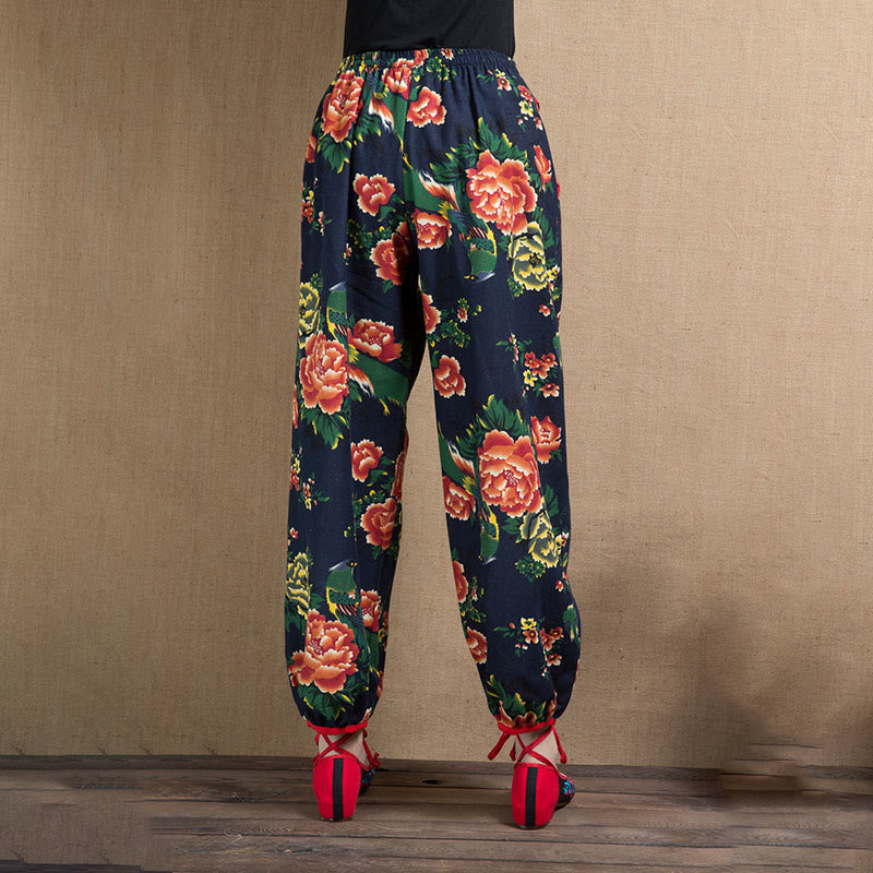 Buddha Stones Ethnic Style Red Green Flowers Print Harem Pants With Pockets - image 23