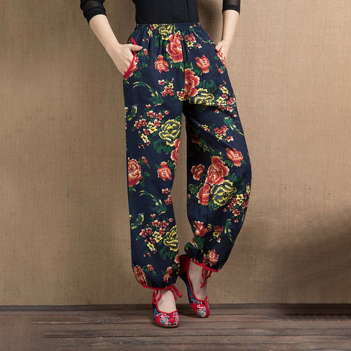 Buddha Stones Ethnic Style Red Green Flowers Print Harem Pants With Pockets - Navy Blue Red Flowers-US4-6,UK/AU8-10,EU36-38 (F) - image 22