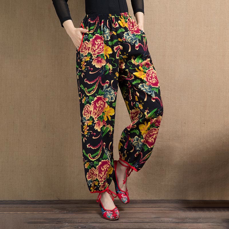 Buddha Stones Ethnic Style Red Green Flowers Print Harem Pants With Pockets - Black Red Blue Flowers-US4-6,UK/AU8-10,EU36-38 (F) - image 33