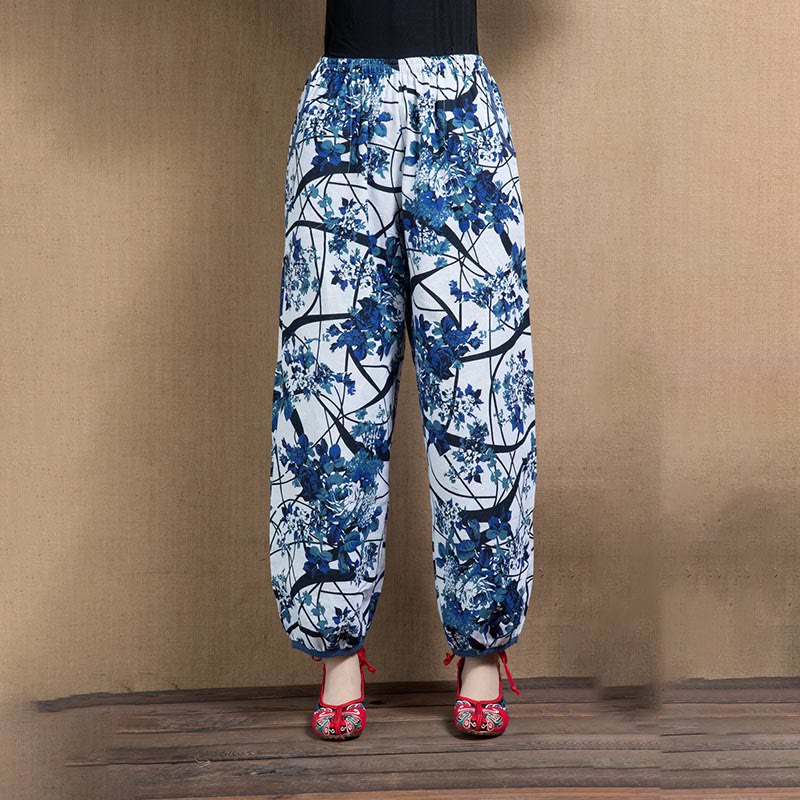 Buddha Stones Blue Tree Flowers Print Harem Pants With Pockets - Blue Flowers-US4-6,UK/AU8-10,EU36-38 (F) - image 6