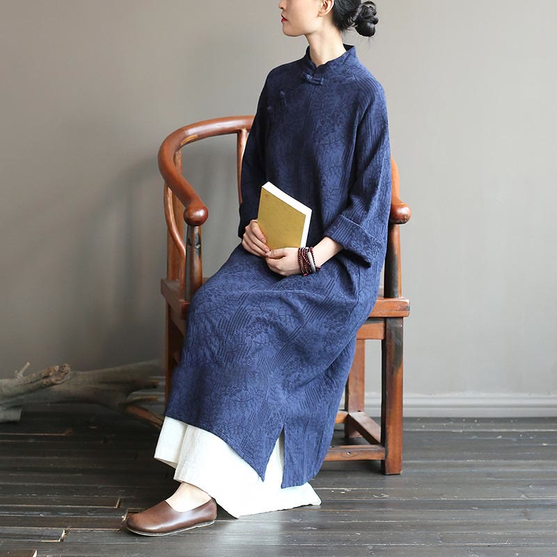 Buddha Stones Flower Jacquard Midi Dress Long Sleeve Cotton Linen Dress Wide Leg Pants With Pockets - image 7