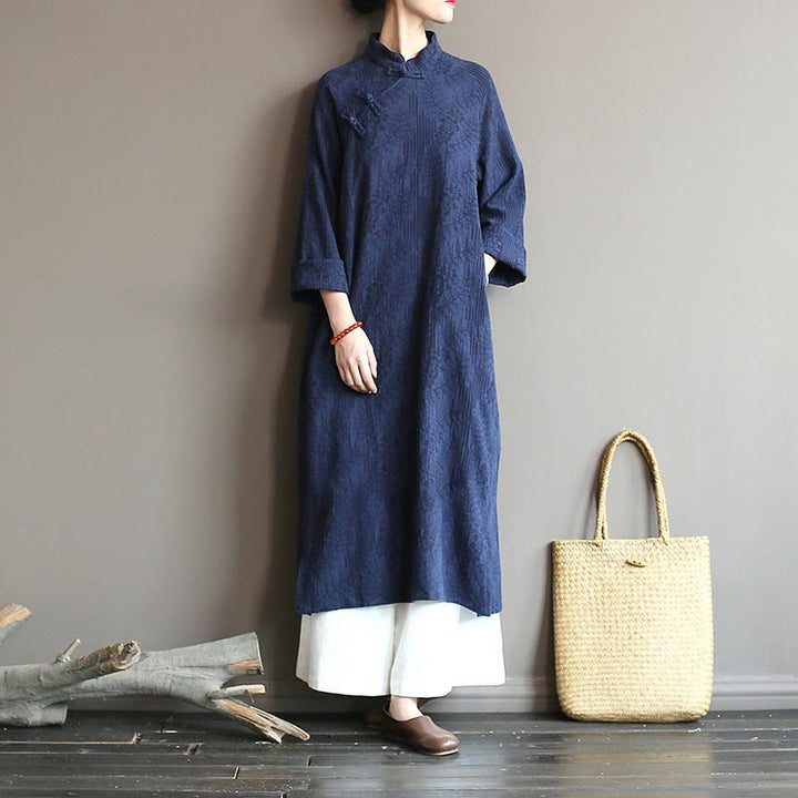 Buddha Stones Flower Jacquard Midi Dress Long Sleeve Cotton Linen Dress Wide Leg Pants With Pockets - image 1