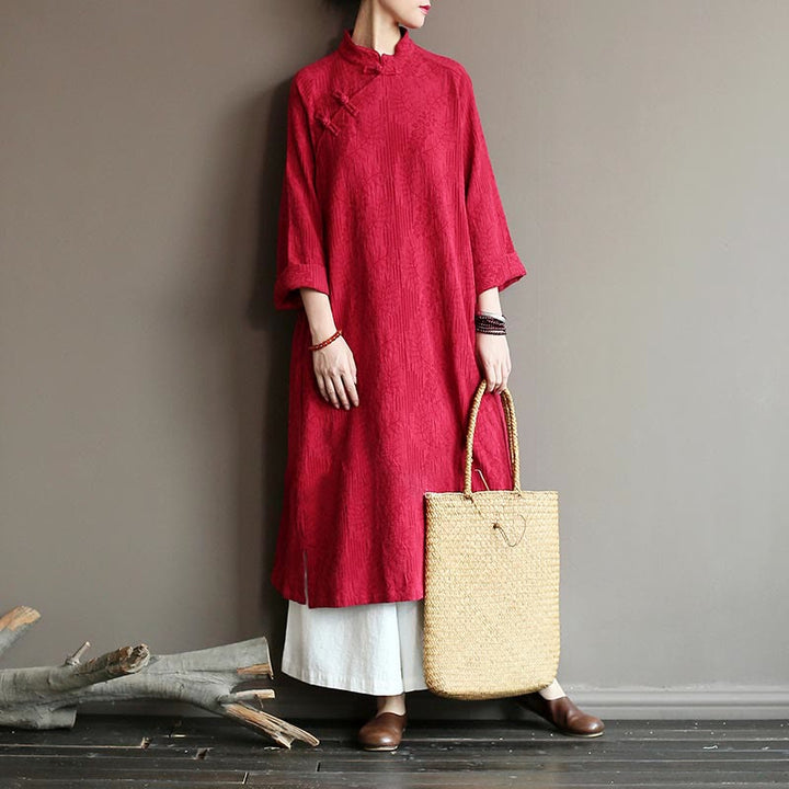 Buddha Stones Flower Jacquard Midi Dress Long Sleeve Cotton Linen Dress Wide Leg Pants With Pockets - image 26