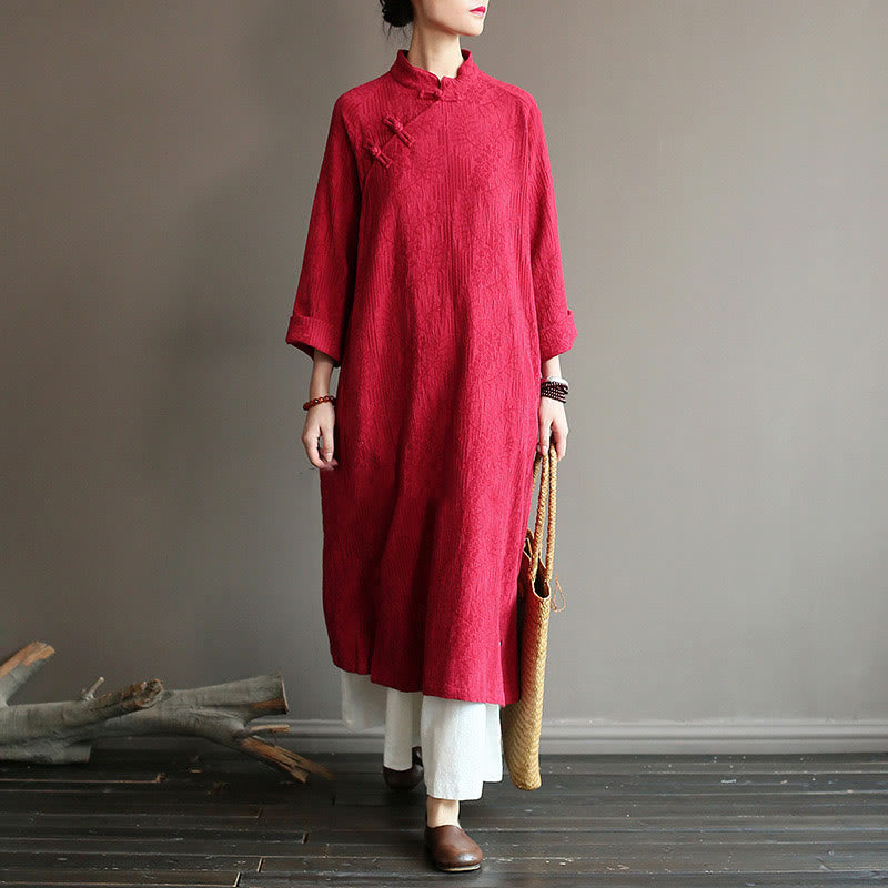 Buddha Stones Flower Jacquard Midi Dress Long Sleeve Cotton Linen Dress Wide Leg Pants With Pockets - Red Dress&Pants - US4-8/10,UK/AU8-12/14,EU36-40/42 (F) - image 17