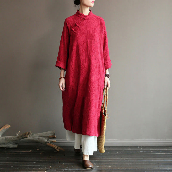 Buddha Stones Flower Jacquard Midi Dress Long Sleeve Cotton Linen Dress Wide Leg Pants With Pockets - Red Dress&Pants - US4-8/10,UK/AU8-12/14,EU36-40/42 (F) - image 17