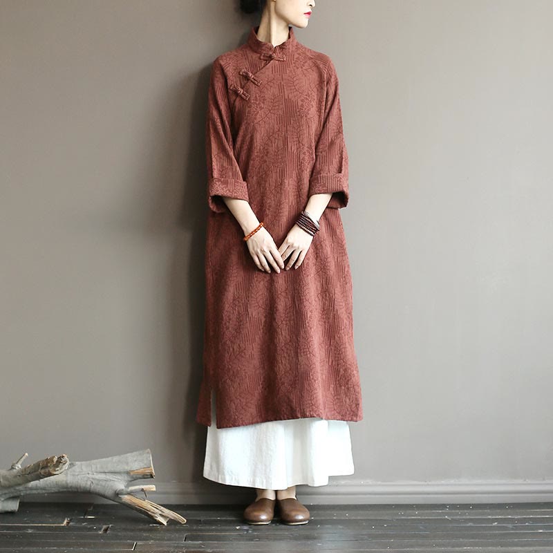 Buddha Stones Flower Jacquard Midi Dress Long Sleeve Cotton Linen Dress Wide Leg Pants With Pockets - Brown Dress&Pants - US4-8/10,UK/AU8-12/14,EU36-40/42 (F) - image 33
