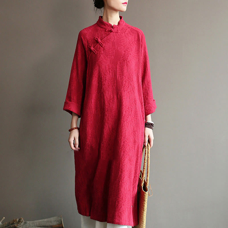 Buddha Stones Flower Jacquard Midi Dress Long Sleeve Cotton Linen Dress Wide Leg Pants With Pockets - Red Dress(Dress Only) - US4-8/10,UK/AU8-12/14,EU36-40/42 (F) - image 43