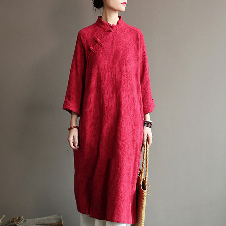 Buddha Stones Flower Jacquard Midi Dress Long Sleeve Cotton Linen Dress Wide Leg Pants With Pockets - Red Dress(Dress Only) - US4-8/10,UK/AU8-12/14,EU36-40/42 (F) - image 43
