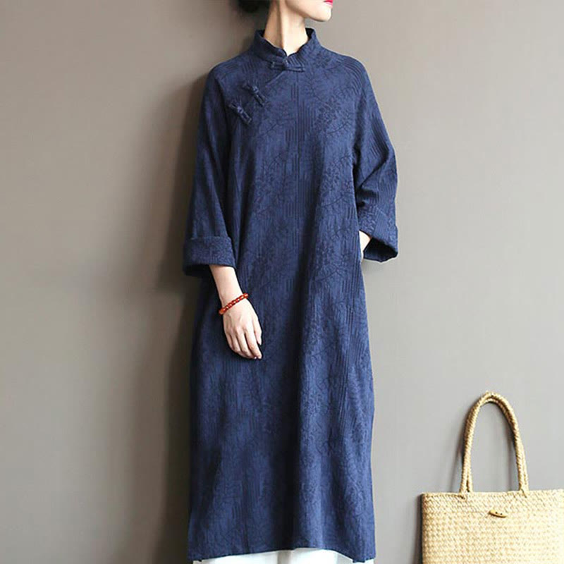 Buddha Stones Flower Jacquard Midi Dress Long Sleeve Cotton Linen Dress Wide Leg Pants With Pockets - Blue Dress(Dress Only) - US4-8/10,UK/AU8-12/14,EU36-40/42 (F) - image 41