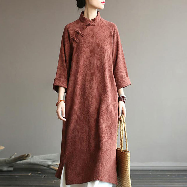 Buddha Stones Flower Jacquard Midi Dress Long Sleeve Cotton Linen Dress Wide Leg Pants With Pockets - Brown Dress(Dress Only) - US4-8/10,UK/AU8-12/14,EU36-40/42 (F) - image 45