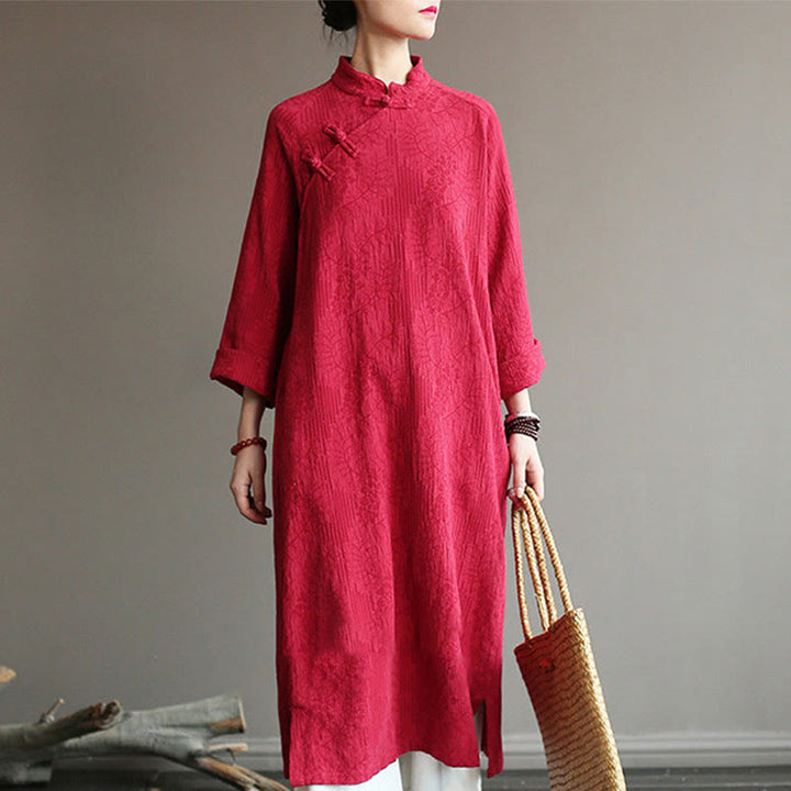 Buddha Stones Flower Jacquard Midi Dress Long Sleeve Cotton Linen Dress Wide Leg Pants With Pockets - image 44
