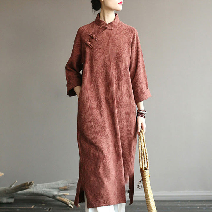 Buddha Stones Flower Jacquard Midi Dress Long Sleeve Cotton Linen Dress Wide Leg Pants With Pockets - image 46