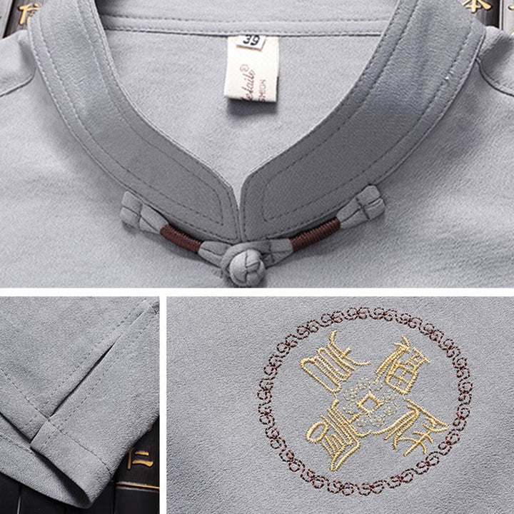 Buddha Stones Fu Character Tang Suit Hanfu Traditional Uniform Short Sleeve Top Pants Clothing Men's Set - image 8