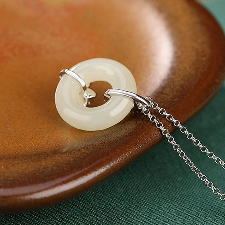 Buddha Stones 925 Sterling Silver Hetian Jade Peace Buckle Flower Luck Necklace Pendant - image 8