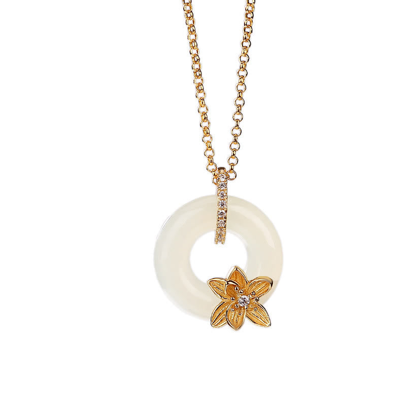 Buddha Stones 925 Sterling Silver Hetian Jade Peace Buckle Flower Luck Necklace Pendant - image 3