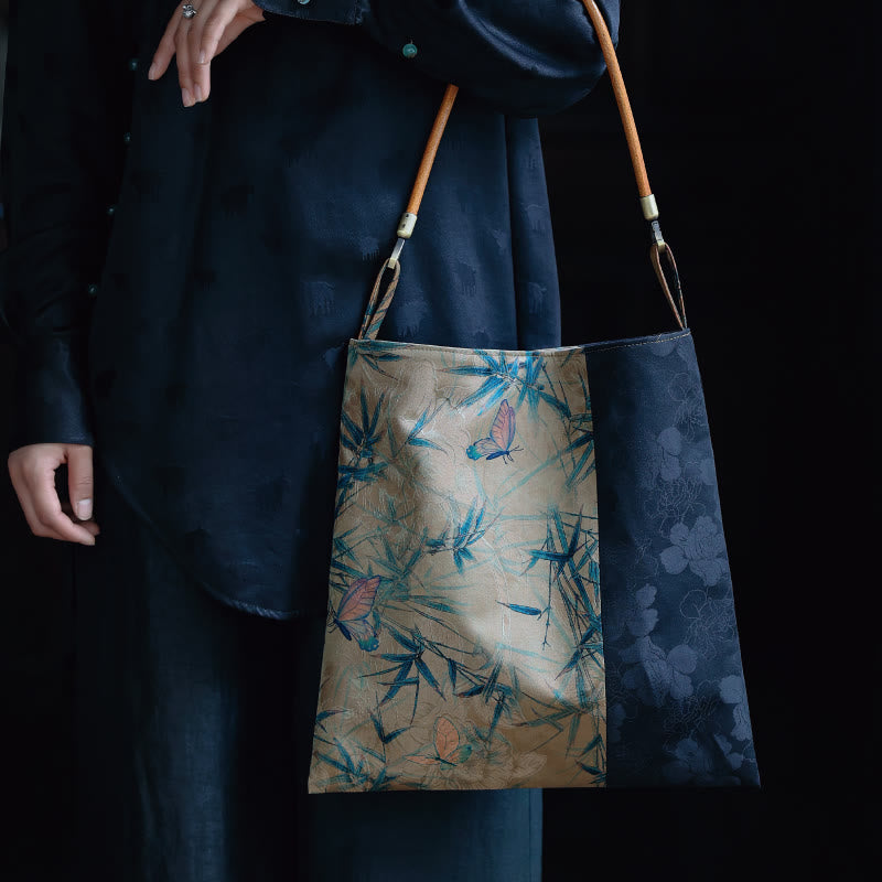 Buddha Stones Bamboo Leaves Flower Butterfly Persimmon Shoulder Bag Handbag - Khaki Bamboo Butterfly 33*33cm - image 14