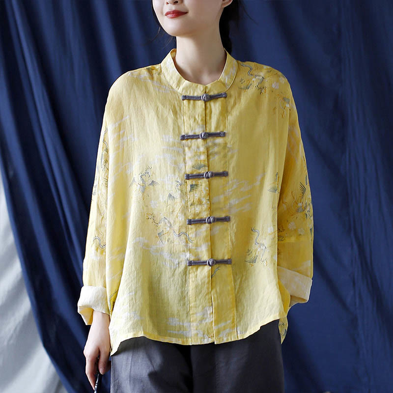 Buddha Stones Yellow Phoenix Print Frog-button Design Long Sleeve Ramie Linen Jacket Shirt - image 16
