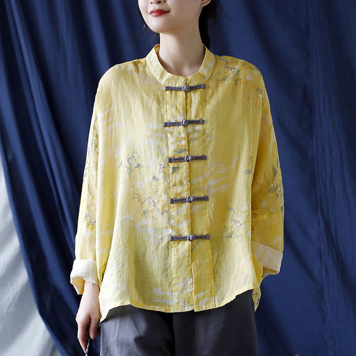 Buddha Stones Yellow Phoenix Print Frog-button Design Long Sleeve Ramie Linen Jacket Shirt - image 16