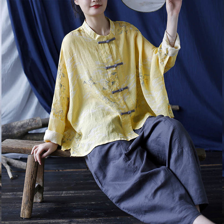 Buddha Stones Yellow Phoenix Print Frog-button Design Long Sleeve Ramie Linen Jacket Shirt - image 22