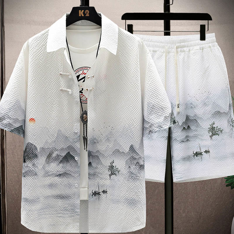 Buddha Stones Landscape Coconut Trees Magpie Pattern Short Sleeve Shorts Men's Set - Landscape(Shirt&Shorts) - US/UK/AU44,EU54 (4XL) - image 0