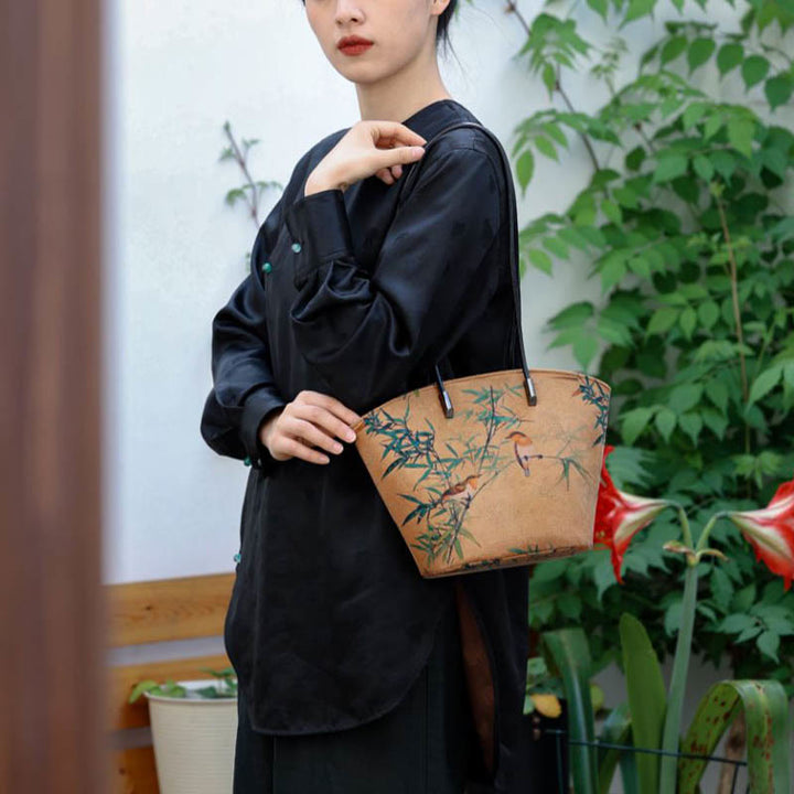 Buddha Stones Vintage Bamboo Magpie Peony Butterfly Large Capacity Shoulder Bag Handbag - image 9
