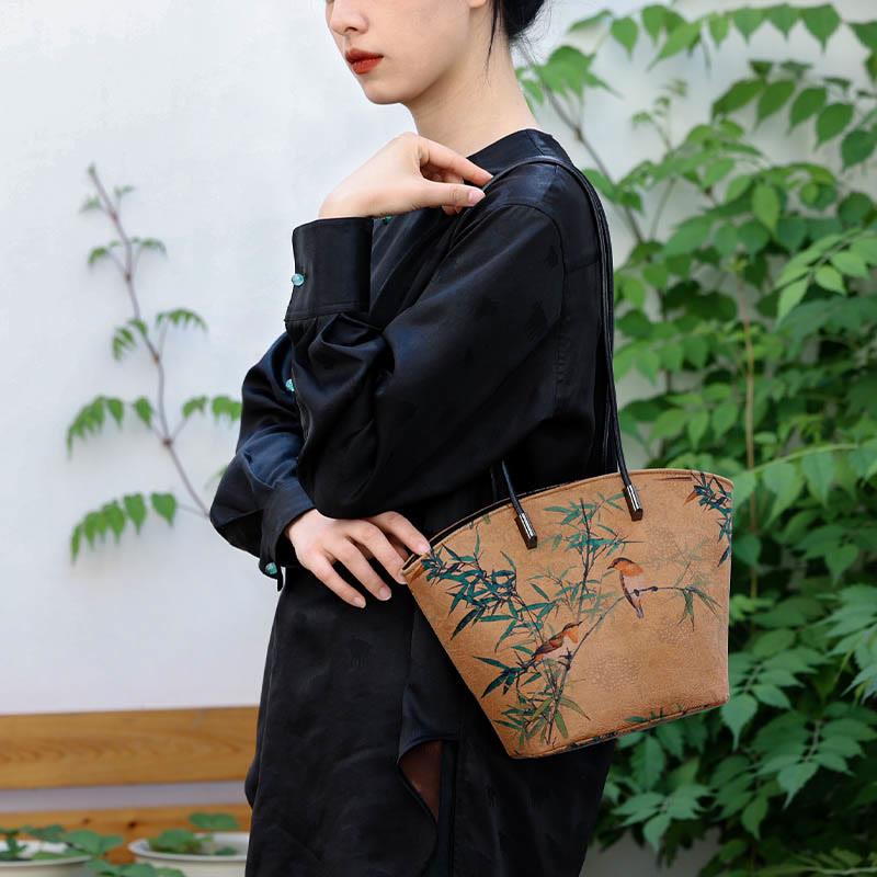 Buddha Stones Vintage Bamboo Magpie Peony Butterfly Large Capacity Shoulder Bag Handbag - image 4